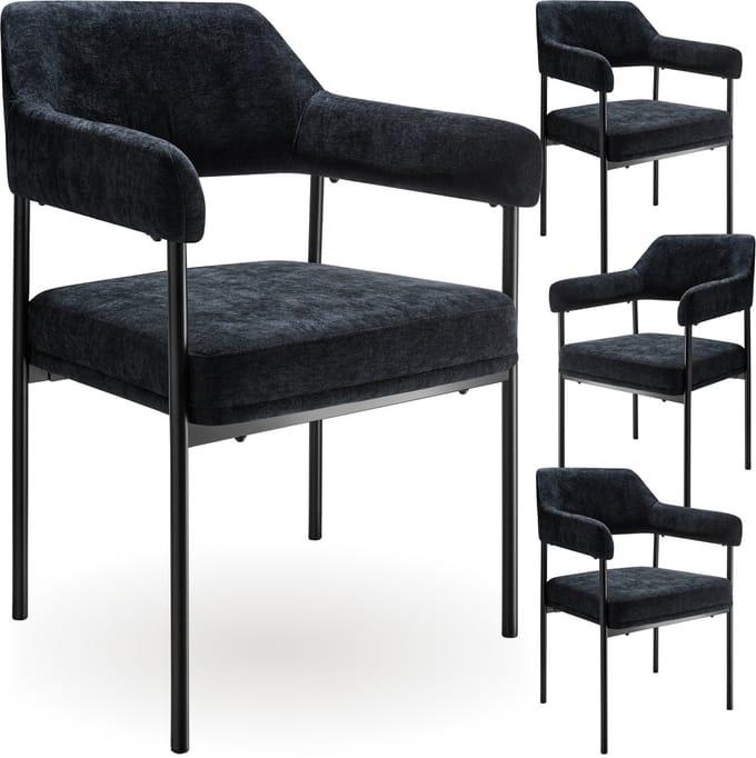 tectake® Eetkamerstoel met Armleuning - Geweven stof - Doé – Gestoffeerd met Stalen Poten - set van 4 - zwart