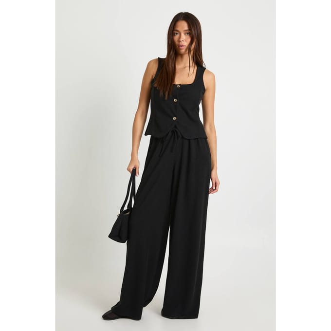 boohoo Dames Crinkle Rib Wijde Pijp Broek | Black | Maat: 8