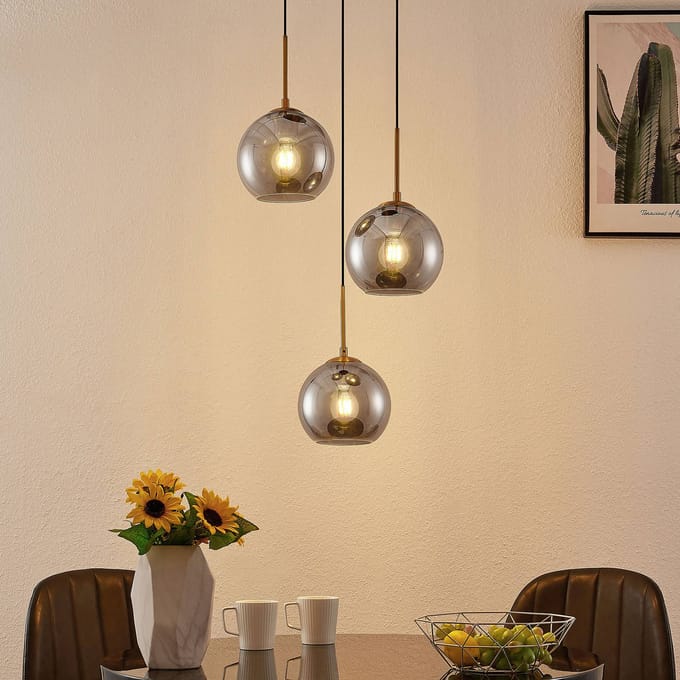 Lindby - hanglamp - 3lichts - Staal, glas - H: 17.5 cm - E27 - brons, rookgrijs