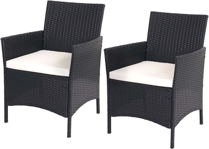 Set van 2 poly rotan tuinstoelen Halden, rieten fauteuil ~ antraciet, crèmekleurige kussens