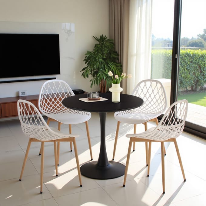 EGGREE eethoek - eettafel met 4 witte stoelen - tafel Ø 80 cm - voor bar, café en restaurant - zwarte tafel