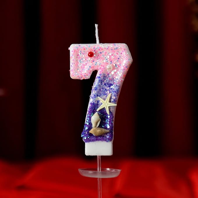 DW4Trading Verjaardagskaars 7 Paars Roze met Schelpjes - Cijfer-kaars - Taartversiering