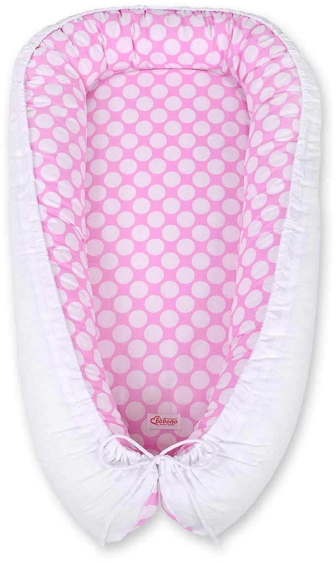 Babynest dubbelzijdig Premium Cocoon voor baby's BOBONO- witte stippen/wit