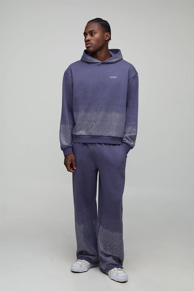 Oversized Boxy Rhinestone Hoodie And Wide Leg Jogger | Navy | Size Medium