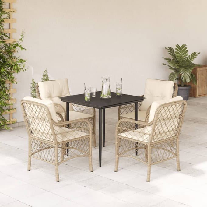 vidaXL - 5-delige - Tuinset - met - kussens - poly - rattan - beige