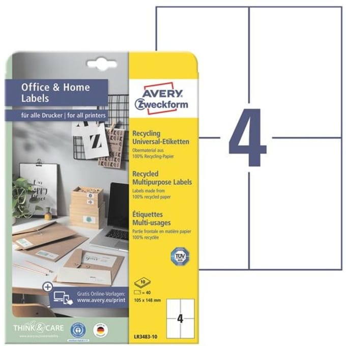 Gerecycleerde universele etiketten A6 verwijderbaar natuurlijk wit 105x148 mm 40