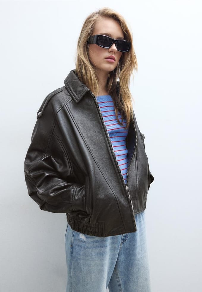 Stradivarius Oversized leren jas  Zwart S