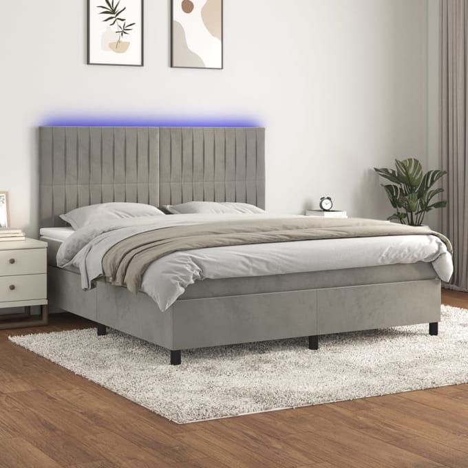 vidaXL - Boxspring - met - matras - en - LED - fluweel - lichtgrijs - 160x200 - cm