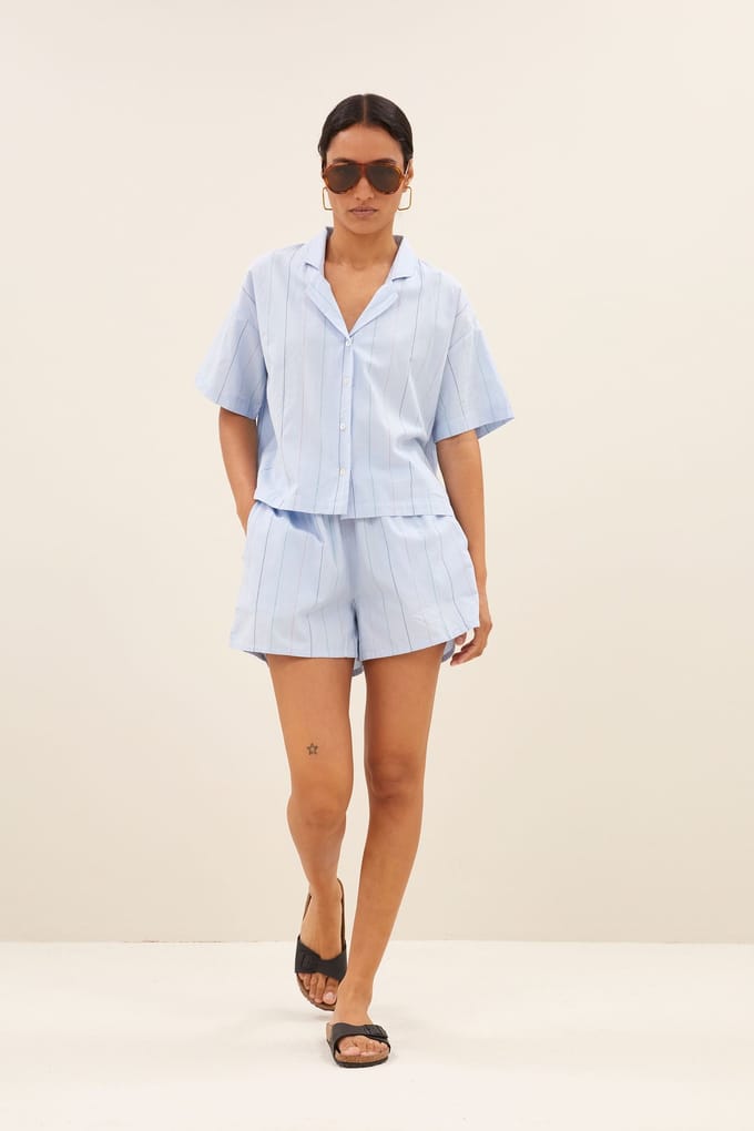 By-Bar Isa Stripe Chambray Shorts Light Blue Stripe Größe: S | Kurze Sporthosen Outlet | Damen | Blau