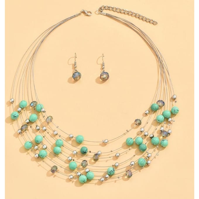 Ensemble collier et boucles d'oreilles multi-rangs en perles, Style ethnique tendance, Design tempérament, Bijoux polyvalents pour femmes vert