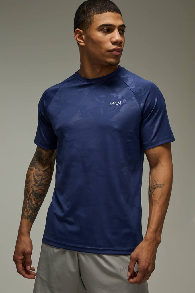 Heren Active Regular Camo Raglan Performance T-shirt | Navy | Size Small