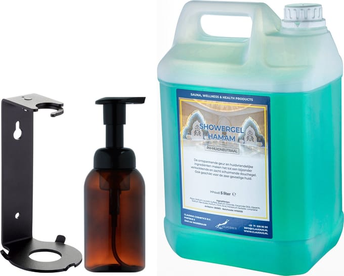 Zeepdispenser 300 ml amber bruin hervulbaar + 5 liter Showergel Hamam navulling (inclusief beugel)