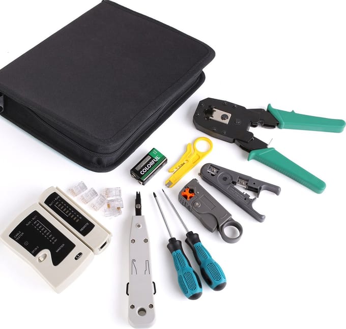 Netwerk toolset PRO - Krimptang RJ45, 12 en 11 - Netwerk tester - Kabelstripper - Complete set - 12 in 1
