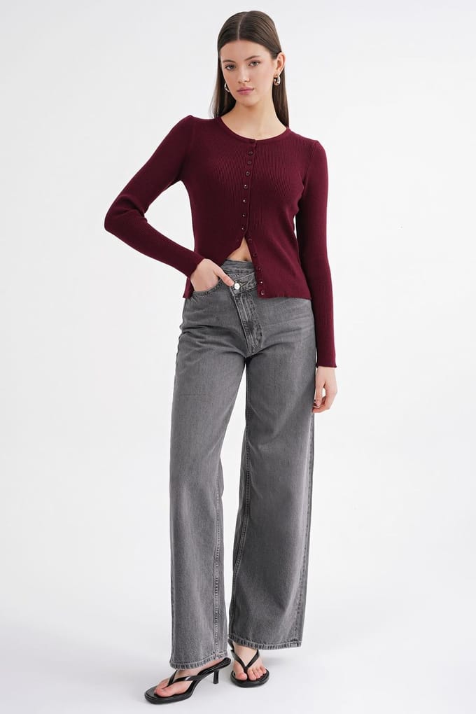 Geknoopte Slim Fit Geribbelde Brei Cardigan