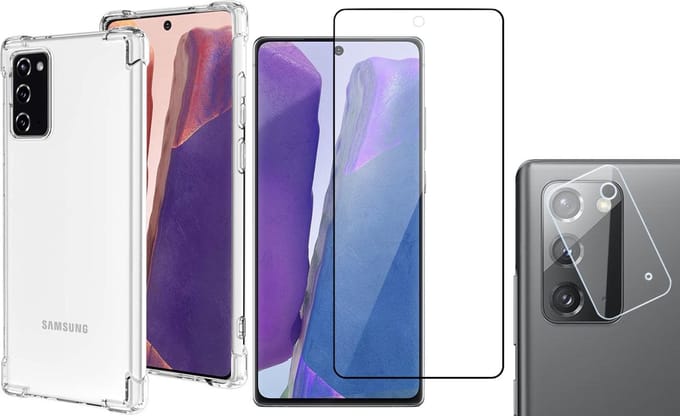 Hoesje geschikt voor Samsung Galaxy Note 20 - Screenprotector GlassGuard & Camera Lens Screen Protector - Back Cover Case ShockGuard Transparant