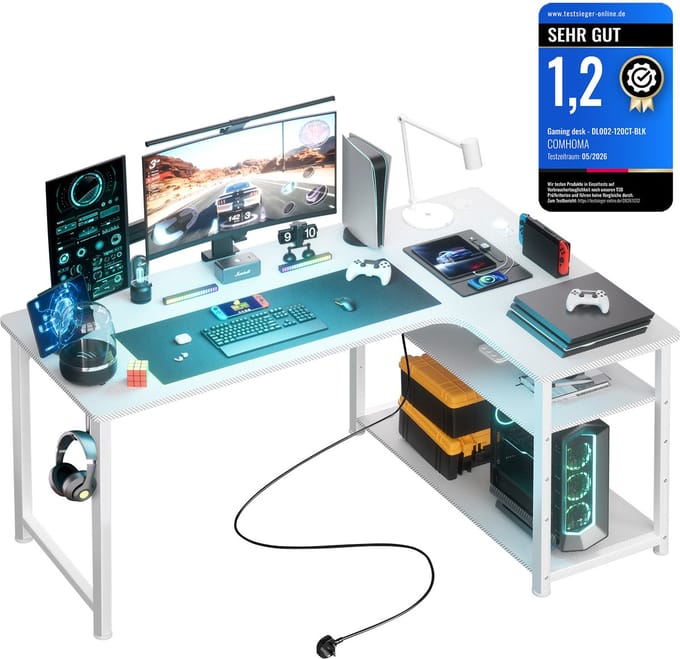 COMHOMA - L-vorm Gaming Bureau - Met USB en Stopcontact 130x80x74 cm - Wit
