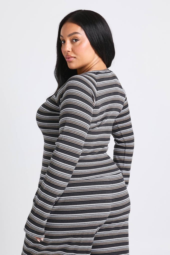 boohoo Dames Plus gestreepte button-down top met lange mouwen | Zwart | Maat: 44