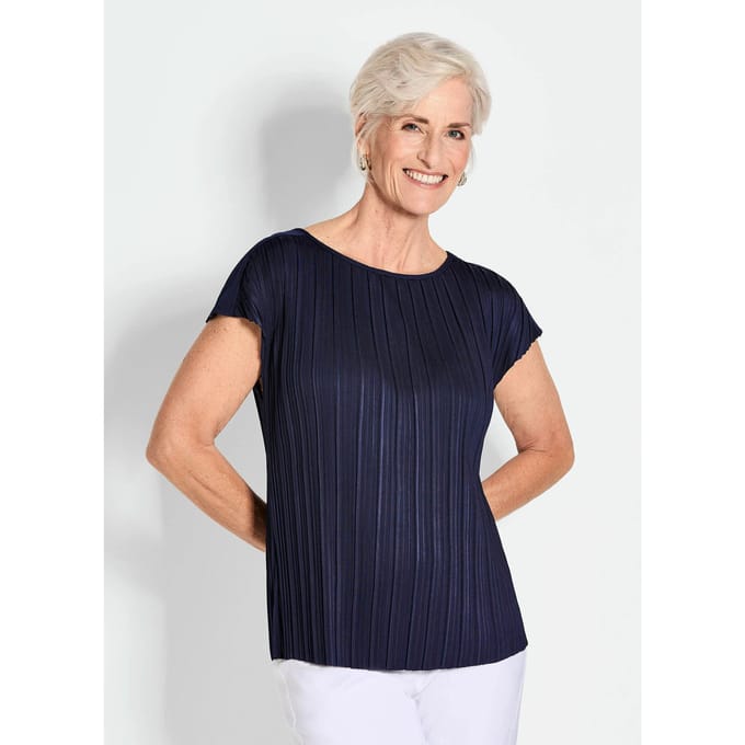 Goldner Plissé-shirt Top met korte mouwen en boothals