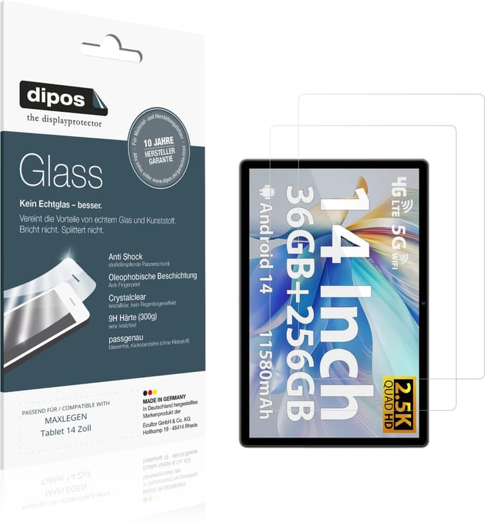 dipos – 2x Pantserfolie geschikt voor MAXLEGEN Tablet 14 Zoll | 9H Screenprotector