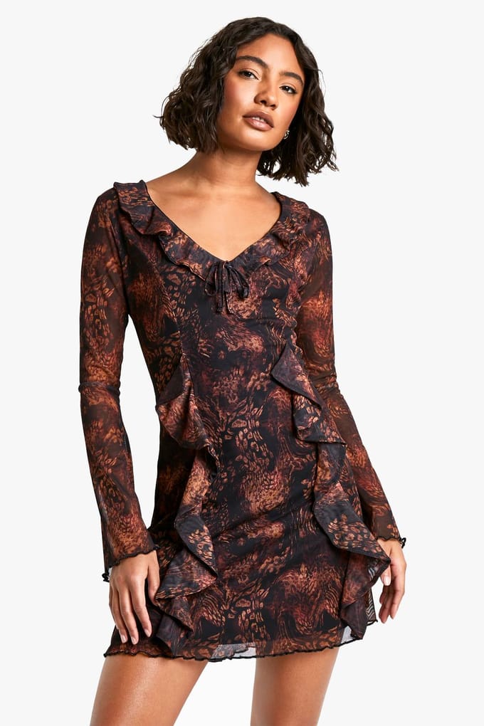 boohoo Dames Lange Dierenprint Ruffle Shift Jurk | Bruin | Maat: 36