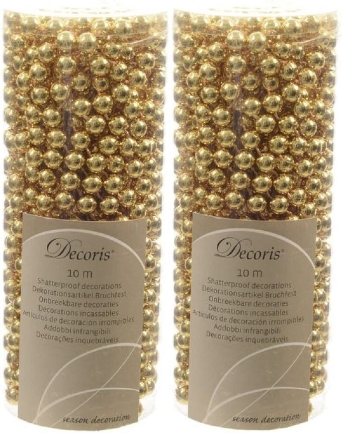 Decoris kralenslingers - 2x - goud - 10 meter - kunststof - glans - kerstslingers