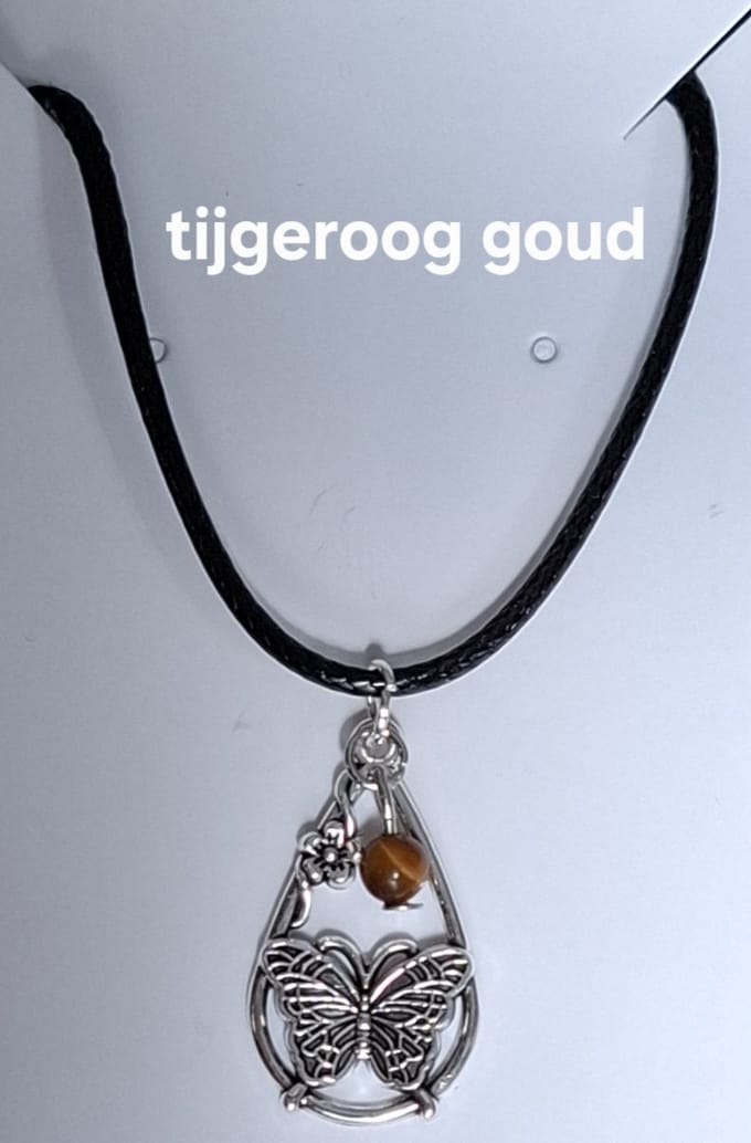 "Tijgeroog Goud" Waterdruppel / Vlinder Ketting