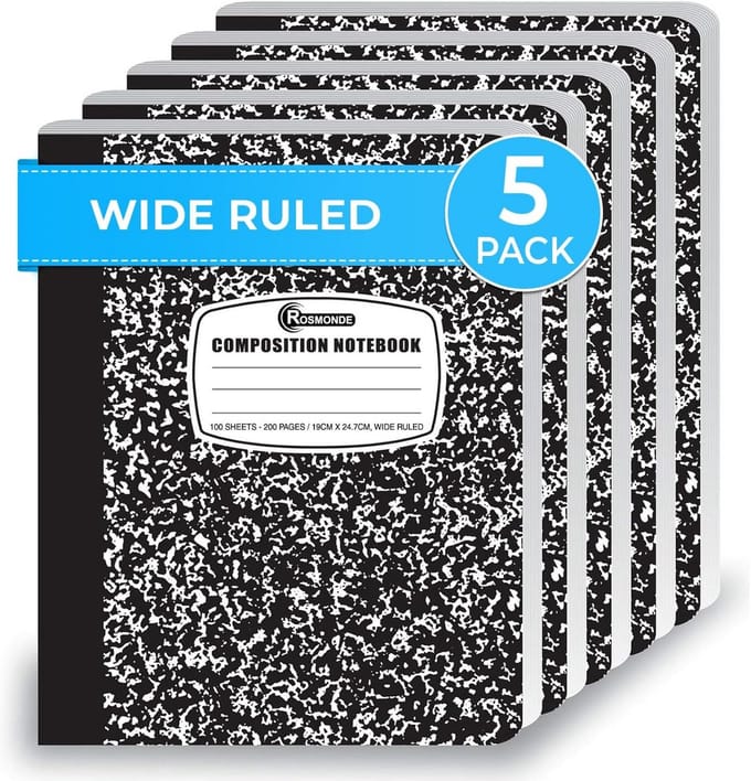 Compositie Notebook breed gelijnd 5 pack - 200 pagina's - 9-3/4 x 7-1/2 inch - Zwart wit marmer