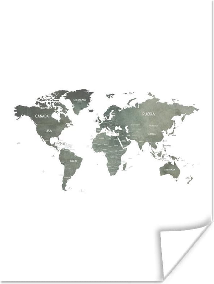 Poster - Wereldkaart - Groen - Landen - 30x40 cm