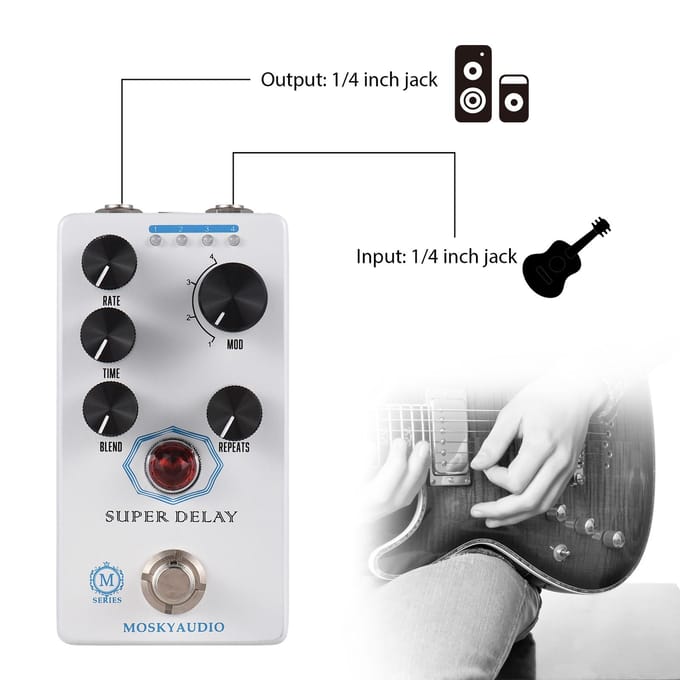 MOSKYAUDIO SUPER DELAY Gitaar Delay Effectenpedaal Blend/Time/Rate/Repeats/4-Mode Knop DC 9V 6.35mm wit