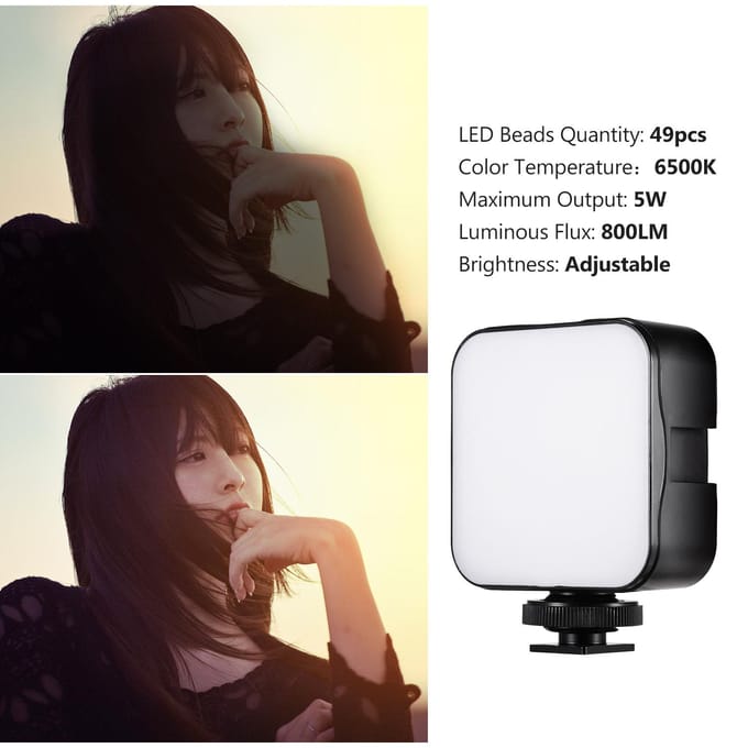 Mini LED-videolamp Fotografie-invullamp 6500K Dimbaar 5W met Cold Shoe Mount-adapter zwart