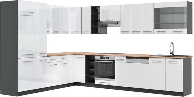 Vicco Hoekkeuken Fame-Line, Wit Hoogglans/Antraciet, 347 x 257 cm, WB Eik