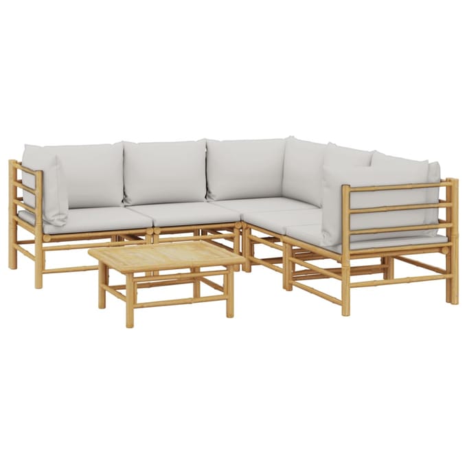 vidaXL - 6-delige - Loungeset - met - kussens - bamboe - lichtgrijs