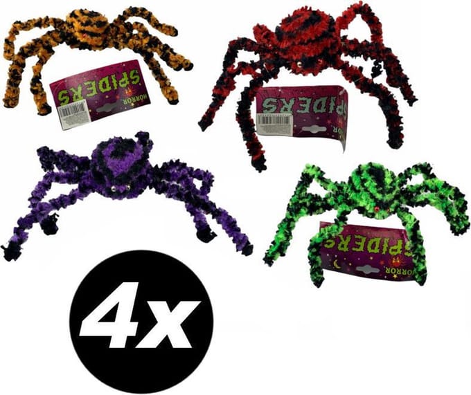 Halloween decoratie assortie fluo spinnen 40 cm - SET VAN 4 STUKS