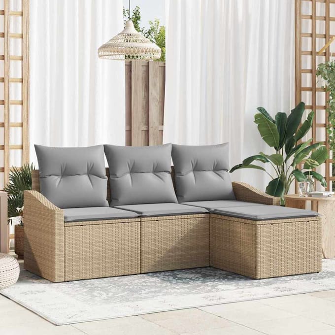 vidaXL - Bankstel - 4 - st - Beige - en - Lichtgrijs - poly - rattan