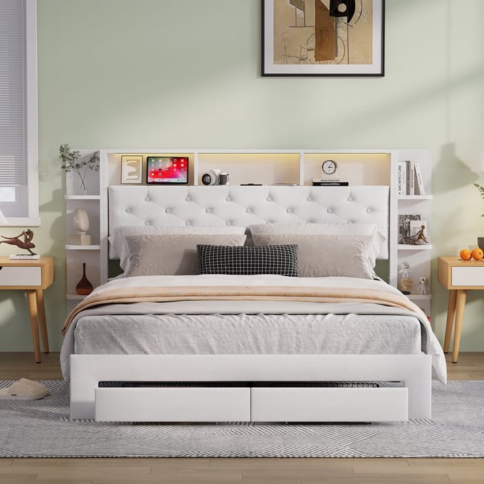 Bed 140x200 Wit Velvet – met LED, USB-C & Lades