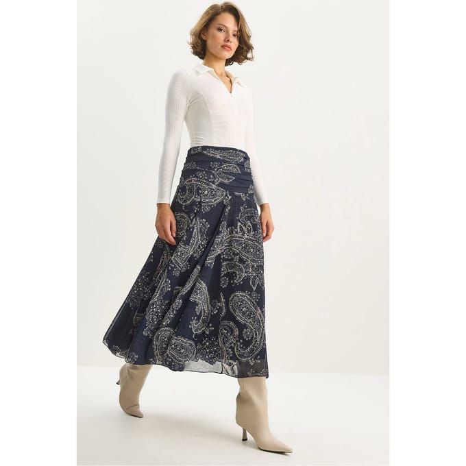Hoge Taille Etnische Print Midi Rok