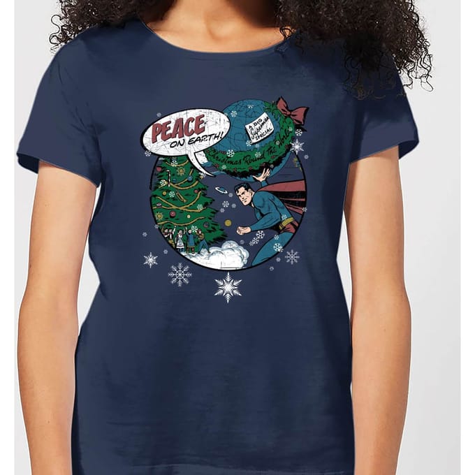 DC Superman Peace On Earth Women's Christmas T-Shirt - Navy - S