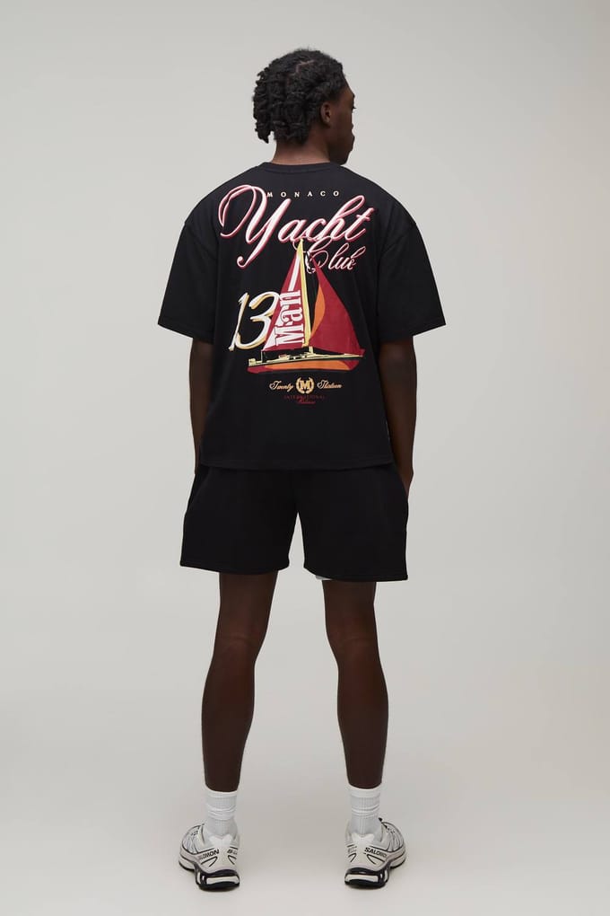Oversized Boxy Yacht Club T-Shirt & Boxy Jersey Short Set | Black | Size Medium