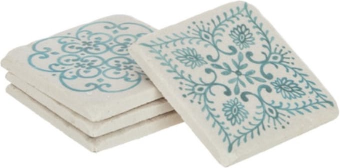 Cosy Creations onderzetters steen Aqua/Wit-10.2x10.2x4.6cm-4stuks