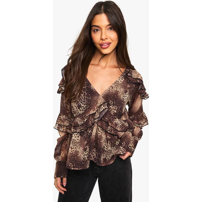 boohoo Dames Luipaard chiffon blouse met ruches | Leopard | Maat: 6