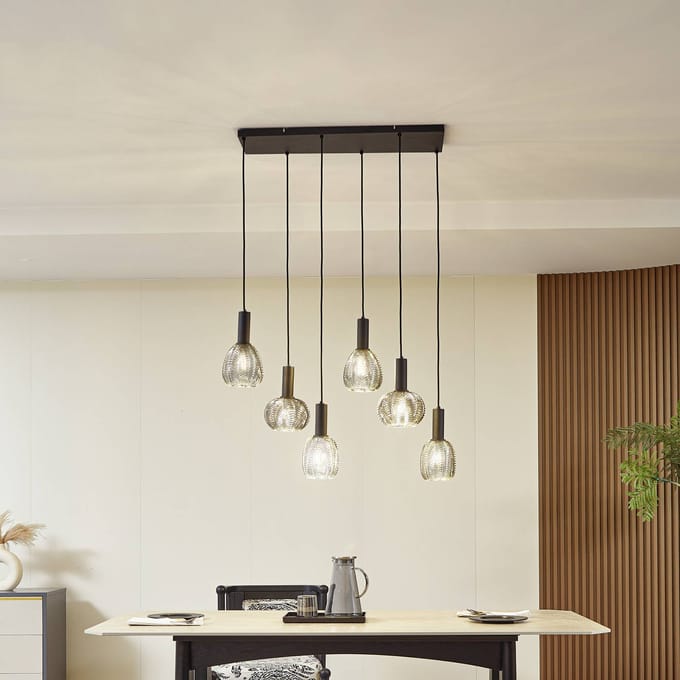 Lindby - hanglamp - 6lichts - Glas, ijzer - H: 15.5 cm - E27 - rookgrijs, zwart