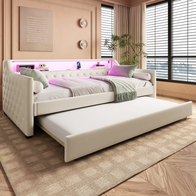 MODFU Bedframe 90x200 cm – Uittrekbaar daybed met app-gestuurde LED en USB – Linnen bekleding – Beige