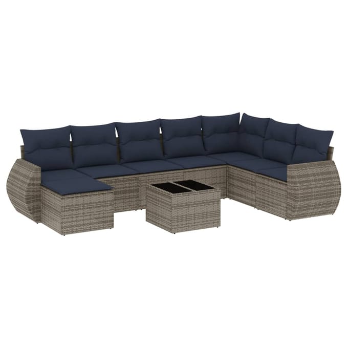 vidaXL - 9-delige - tuinbankset - met - kussens, - grijs - polyrotan