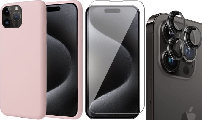 Hoesje geschikt voor iPhone 15 Pro Max - Screenprotector GlassGuard & Camera Lens Screen Protector Zwart - Back Cover Case SoftTouch Roze
