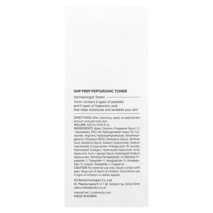 SNP, Prep Peptalone, Peptides and Hyaluronic Acid, Toner, 10.82 fl oz (320 ml) white