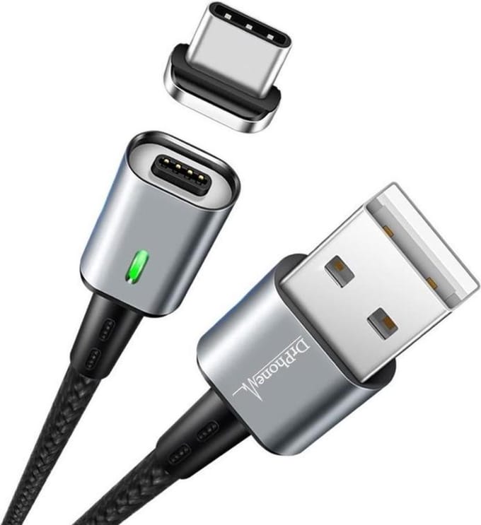 DrPhone iCON 2 Meter - Magnetische Type C Kabel USB-C oplaadkabel + Datakabel - 3.0A Support - Snellader - Zwart
