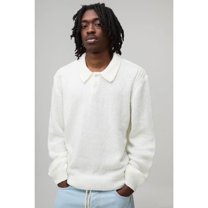 Regular Fit Fluffy Button Knitted Long Sleeve Polo T-Shirt | Ecru | Size Medium