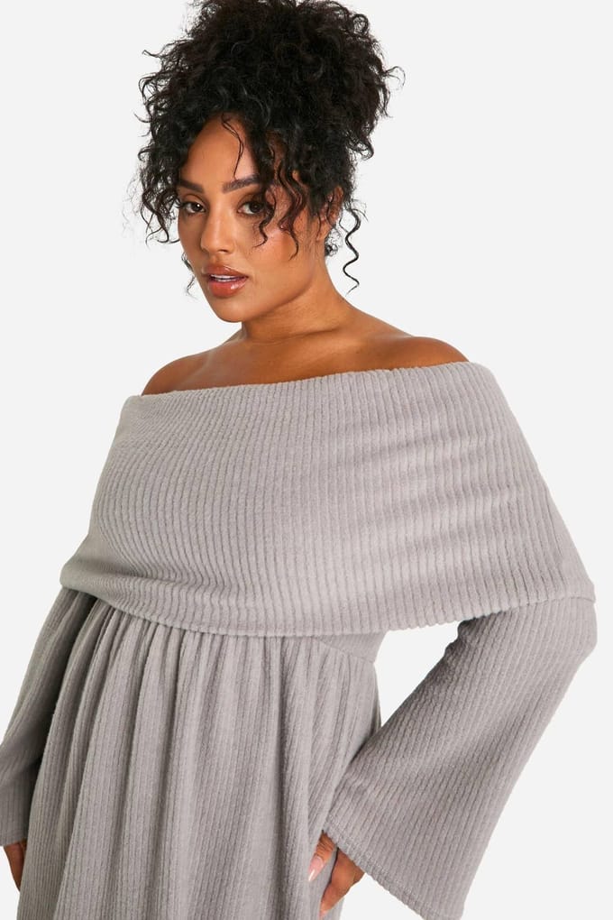 boohoo Dames Plus Brushed Rib Off Shoulder Skater Jurk | Grijs | Maat: 46