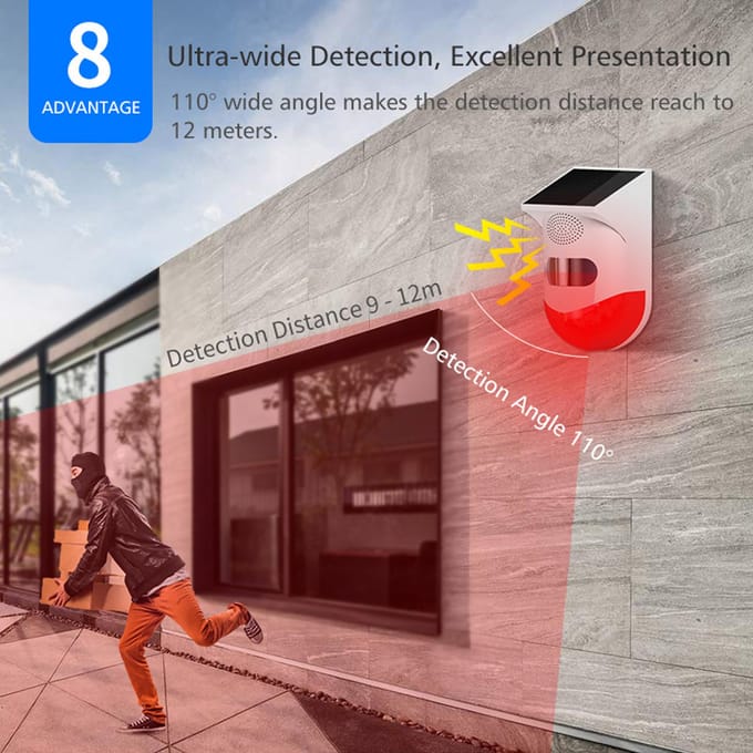 Zonne-energie Draadloos Onafhankelijke Infrarood Bewegingssensor Detector Stroboscoop Sirene 120dB Alarm 1 rood