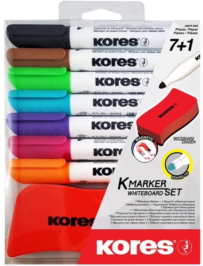 Kores Whiteboard Marker Set, 7 Markers + Bordwisser